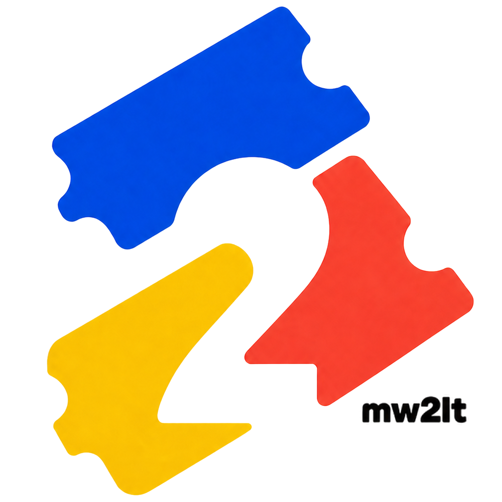 The 2mw2lt Relay logo: blue, red, and yellow work tickets forming a negative-space numeral 2