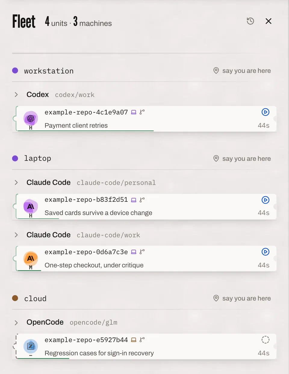 Fleet: four units on three machines. Codex on the workstation is on payment retries. Two Claude Code sessions on the laptop hold saved cards and the one-step checkout design. An OpenCode session in the cloud waits on sign-in regression cases.